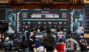 10 March 2022; Michael Conlan, second from right, alongside his brother Jamie Conlan, right, and Eddie Hearn, centre, with Leigh Wood, centre left, alongside his trainer Ben Davidson during a press conference at Albert Hall in Nottingham, England ahead of their WBA Featherweight World Title bout. Photo by Mark Robinson / Matchroom Boxing via Sportsfile