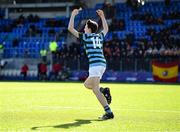10 March 2022; Ronan Kelly of St Gerards School celebrates after scoring his side's third try during the Bank of Ireland Leinster Rugby Schools Junior Cup 2nd Round match between St Gerards School and St Fintans High School at Energia Park in Dublin. Photo by Harry Murphy/Sportsfile