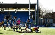 10 March 2022; Marcel Haas of St Fintan’s High School scores his side's first try during the Bank of Ireland Leinster Rugby Schools Junior Cup 2nd Round match between St Gerards School and St Fintans High School at Energia Park in Dublin. Photo by Harry Murphy/Sportsfile