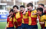 10 March 2022; St Fintan’s High School players, including Ben Barnes, centre, celebrate after their side's victory in the Bank of Ireland Leinster Rugby Schools Junior Cup 2nd Round match between St Gerards School and St Fintans High School at Energia Park in Dublin. Photo by Harry Murphy/Sportsfile