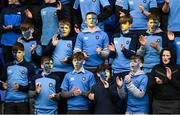 11 March 2022; St Michaels College supporters with their faces painted the colours of the Ukrainian flag before the Bank of Ireland Leinster Schools Junior Cup 2nd Round match between Terenure College and St Michaels College at Energia Park in Dublin. Photo by Harry Murphy/Sportsfile