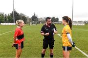 11 March 2022; Referee Séamus Mulvihill with captains Emma Cleary of UCC and Anna-Rose Kennedy of DCU Dóchas Éireann before the Yoplait LGFA O'Connor Cup Semi-Final match between DCU Dóchas Éireann, Dublin and UCC, Cork at DCU in Dublin. Photo by Eóin Noonan/Sportsfile