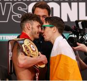 11 March 2022; Leigh Wood, left,and Michael Conlan face-off before their WBA Featherweight World Title bout at Albert Hall in Nottingham, England. Photo by Mark Robinson / Matchroom Boxing via Sportsfile