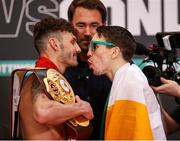 11 March 2022; Leigh Wood, left,and Michael Conlan face-off before their WBA Featherweight World Title bout at Albert Hall in Nottingham, England. Photo by Mark Robinson / Matchroom Boxing via Sportsfile