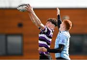 11 March 2022; Josh Mooney of Terenure College wins possession in the lineout against Eamon Burke of St Michaels College during the Bank of Ireland Leinster Schools Junior Cup 2nd Round match between Terenure College and St Michaels College at Energia Park in Dublin. Photo by Harry Murphy/Sportsfile