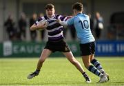 11 March 2022; Cian Hyland of Terenure College is tackled by Cathal Lydon of St Michaels College during the Bank of Ireland Leinster Schools Junior Cup 2nd Round match between Terenure College and St Michaels College at Energia Park in Dublin. Photo by Harry Murphy/Sportsfile