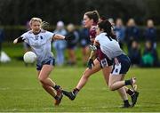 11 March 2022; Emma Corley of NUIG in action against Fiadhna Tangney of UL during the Yoplait LGFA O'Connor Cup Semi-Final match between UL, Limerick and NUIG, Galway at DCU Dóchas Éireann Astro Pitch in Dublin. Photo by Eóin Noonan/Sportsfile