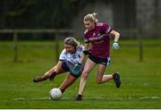 11 March 2022; Lynsey Noone of UL in action against Caoimhe Keon of NUIG during the Yoplait LGFA O'Connor Cup Semi-Final match between UL, Limerick and NUIG, Galway at DCU Dóchas Éireann Astro Pitch in Dublin. Photo by Eóin Noonan/Sportsfile