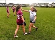 11 March 2022; Siobhan Burns of UL with Eva Noone of NUIG after the Yoplait LGFA O'Connor Cup Semi-Final match between UL, Limerick and NUIG, Galway at DCU Dóchas Éireann Astro Pitch in Dublin. Photo by Eóin Noonan/Sportsfile