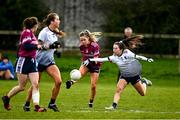 11 March 2022; Hannah Noone of NUIG in action against Aoife Molloy of UL during the Yoplait LGFA O'Connor Cup Semi-Final match between UL, Limerick and NUIG, Galway at DCU Dóchas Éireann Astro Pitch in Dublin. Photo by Eóin Noonan/Sportsfile