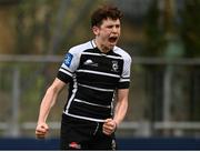 11 March 2022; Jack Deegan of Cistercian College Roscrea celebrates scoring a penalty to win the game during the Bank of Ireland Leinster Schools Junior Cup 2nd Round match between Clongowes Wood College and Cistercian College Roscrea at Energia Park in Dublin. Photo by Harry Murphy/Sportsfile