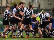 11 March 2022; Jack Deegan of Cistercian College Roscrea, third left, celebrates with teammates after kicking a penalty to win the Bank of Ireland Leinster Schools Junior Cup 2nd Round match between Clongowes Wood College and Cistercian College Roscrea at Energia Park in Dublin. Photo by Harry Murphy/Sportsfile