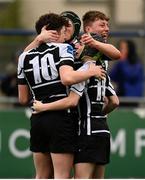 11 March 2022; Jack Deegan of Cistercian College Roscrea, left, celebrates with teammates after kicking a penalty to win the Bank of Ireland Leinster Schools Junior Cup 2nd Round match between Clongowes Wood College and Cistercian College Roscrea at Energia Park in Dublin. Photo by Harry Murphy/Sportsfile