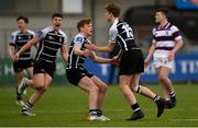 11 March 2022; Sam Cusack, right, and Fionn Carney of Cistercian College Roscrea celebrate during the Bank of Ireland Leinster Schools Junior Cup 2nd Round match between Clongowes Wood College and Cistercian College Roscrea at Energia Park in Dublin. Photo by Harry Murphy/Sportsfile