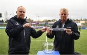 11 March 2022; Head of rugby development Phil Lawlor draws Blackrock College and facilities and events manager Stephen Jameson draws St Michaels College during the Bank of Ireland Leinster Rugby School Junior Cup Quarter Final Draw at Energia Park in Dublin. Photo by Harry Murphy/Sportsfile