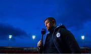 11 March 2022; Shelbourne manager Damien Duff speaking to LOITV before the SSE Airtricity League Premier Division match between Shelbourne and Dundalk at Tolka Park in Dublin. Photo by Eóin Noonan/Sportsfile