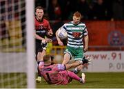 11 March 2022; Rory Gaffney of Shamrock Rovers in action against Bohemians goalkeeper James Talbot during the SSE Airtricity League Premier Division match between Shamrock Rovers and Bohemians at Tallaght Stadium in Dublin. Photo by Seb Daly/Sportsfile