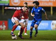 11 March 2022; Jack Scott of St Patrick's Athletic in action against Barry McNamee of Finn Harps during the SSE Airtricity League Premier Division match between Finn Harps and St Patrick's Athletic at Finn Park in Ballybofey, Donegal. Photo by Ramsey Cardy/Sportsfile