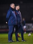 11 March 2022; St Patrick's Athletic technical director Alan Matthews, left, and St Patrick's Athletic manager Tim Clancy before the SSE Airtricity League Premier Division match between Finn Harps and St Patrick's Athletic at Finn Park in Ballybofey, Donegal. Photo by Ramsey Cardy/Sportsfile