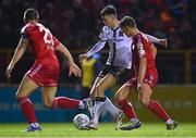 11 March 2022; Steven Bradley of Dundalk in action against Brian McManus of Shelbourne during the SSE Airtricity League Premier Division match between Shelbourne and Dundalk at Tolka Park in Dublin. Photo by Eóin Noonan/Sportsfile