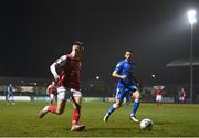 11 March 2022; Darragh Burns of St Patrick's Athletic in action against José Carillo Mancilla of Finn Harps during the SSE Airtricity League Premier Division match between Finn Harps and St Patrick's Athletic at Finn Park in Ballybofey, Donegal. Photo by Ramsey Cardy/Sportsfile