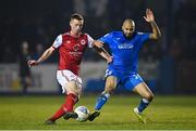 11 March 2022; Eoin Doyle of St Patrick's Athletic is tackled by Ethan Boyle of Finn Harps during the SSE Airtricity League Premier Division match between Finn Harps and St Patrick's Athletic at Finn Park in Ballybofey, Donegal. Photo by Ramsey Cardy/Sportsfile