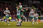 11 March 2022; Rory Gaffney of Shamrock Rovers, left, celebrates with teammate Dylan Watts after scoring their side's first goal during the SSE Airtricity League Premier Division match between Shamrock Rovers and Bohemians at Tallaght Stadium in Dublin. Photo by Seb Daly/Sportsfile