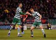 11 March 2022; Rory Gaffney of Shamrock Rovers, right, celebrates with teammate Graham Burke after scoring their side's first goal during the SSE Airtricity League Premier Division match between Shamrock Rovers and Bohemians at Tallaght Stadium in Dublin. Photo by Seb Daly/Sportsfile