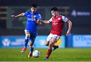 11 March 2022; Adam O'Reilly of St Patrick's Athletic in action against Filip Mihaljevic of Finn Harps during the SSE Airtricity League Premier Division match between Finn Harps and St Patrick's Athletic at Finn Park in Ballybofey, Donegal. Photo by Ramsey Cardy/Sportsfile