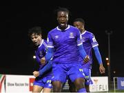 11 March 2022; Roland Idowu of Waterford celebrates a goal scored by team-mate Phoenix Patterson during the SSE Airtricity League Premier Division match between Waterford and Wexford at RSC in Waterford. Photo by Michael P Ryan/Sportsfile