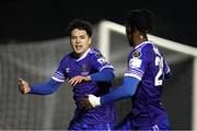11 March 2022; Phoenix Patterson of Waterford, left, celebrates after scoring his side's second goal with team-mate Roland Idowu during the SSE Airtricity League Premier Division match between Waterford and Wexford at RSC in Waterford. Photo by Michael P Ryan/Sportsfile