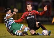 11 March 2022; Stephen Mallon of Bohemians in action against Roberto Lopes of Shamrock Rovers during the SSE Airtricity League Premier Division match between Shamrock Rovers and Bohemians at Tallaght Stadium in Dublin. Photo by Stephen McCarthy/Sportsfile