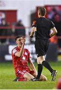 11 March 2022; Sean Boyd of Shelbourne protests to referee Derek Michael Tomney during the SSE Airtricity League Premier Division match between Shelbourne and Dundalk at Tolka Park in Dublin. Photo by Eóin Noonan/Sportsfile