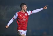 11 March 2022; Jack Scott of St Patrick's Athletic celebrates after scoring his side's first goal during the SSE Airtricity League Premier Division match between Finn Harps and St Patrick's Athletic at Finn Park in Ballybofey, Donegal. Photo by Ramsey Cardy/Sportsfile