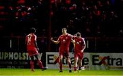 11 March 2022; Sean Boyd of Shelbourne celebrates with teammates after scoring his side's first goal during the SSE Airtricity League Premier Division match between Shelbourne and Dundalk at Tolka Park in Dublin. Photo by Eóin Noonan/Sportsfile