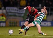 11 March 2022; Kris Twardek of Bohemians is tackled by Andy Lyons of Shamrock Rovers during the SSE Airtricity League Premier Division match between Shamrock Rovers and Bohemians at Tallaght Stadium in Dublin. Photo by Seb Daly/Sportsfile