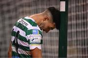 11 March 2022; Danny Mandroiu of Shamrock Rovers hits the goal stanchion in frustration during the SSE Airtricity League Premier Division match between Shamrock Rovers and Bohemians at Tallaght Stadium in Dublin. Photo by Stephen McCarthy/Sportsfile