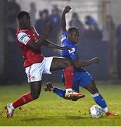 11 March 2022; Eric McWoods of Finn Harps is tackled by James Abankwah of St Patrick's Athletic during the SSE Airtricity League Premier Division match between Finn Harps and St Patrick's Athletic at Finn Park in Ballybofey, Donegal. Photo by Ramsey Cardy/Sportsfile