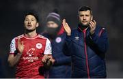 11 March 2022; St Patrick's Athletic manager Tim Clancy, right, and Ronan Coughlan of St Patrick's Athletic applaud supporters after their side's victory in the SSE Airtricity League Premier Division match between Finn Harps and St Patrick's Athletic at Finn Park in Ballybofey, Donegal. Photo by Ramsey Cardy/Sportsfile
