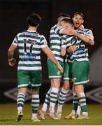 11 March 2022; Lee Grace, right, celebrates with Shamrock Rovers team-mates, from left, Richie Towell, Gary O'Neill and Andy Lyons after the SSE Airtricity League Premier Division match between Shamrock Rovers and Bohemians at Tallaght Stadium in Dublin. Photo by Stephen McCarthy/Sportsfile