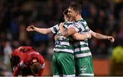 11 March 2022; Shamrock Rovers players Lee Grace, right, and Andy Lyons celebrate at the final whistle after their side's victory in the SSE Airtricity League Premier Division match between Shamrock Rovers and Bohemians at Tallaght Stadium in Dublin. Photo by Seb Daly/Sportsfile