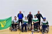 12 March 2022; The Leinster team before the GAA National Wheelchair Hurling/Camogie Interprovincial leagues and GAA First Wheelchair Gaelic Football Competition at Omagh Leisure Centre in Omagh, Tyrone. Photo by Ben McShane/Sportsfile