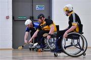 12 March 2022; Action during the GAA National Wheelchair Hurling/Camogie Interprovincial leagues match between Ulster and Connacht at Omagh Leisure Centre in Omagh, Tyrone. Photo by Ben McShane/Sportsfile