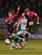 11 March 2022; Kris Twardek of Bohemians is tackled by Dylan Watts of Shamrock Rovers during the SSE Airtricity League Premier Division match between Shamrock Rovers and Bohemians at Tallaght Stadium in Dublin. Photo by Seb Daly/Sportsfile