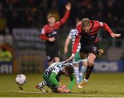 11 March 2022; Kris Twardek of Bohemians is tackled by Dylan Watts of Shamrock Rovers during the SSE Airtricity League Premier Division match between Shamrock Rovers and Bohemians at Tallaght Stadium in Dublin. Photo by Seb Daly/Sportsfile