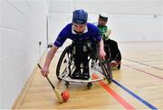 12 March 2022; Action during the GAA National Wheelchair Hurling/Camogie Interprovincial leagues match between Munster and Leinster at Omagh Leisure Centre in Omagh, Tyrone. Photo by Ben McShane/Sportsfile