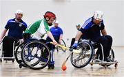 12 March 2022; Action during the GAA National Wheelchair Hurling/Camogie Interprovincial leagues match between Connacht and Leinster at Omagh Leisure Centre in Omagh, Tyrone. Photo by Ben McShane/Sportsfile