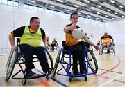 12 March 2022; Ulster players demonstrate the GAA's First Wheelchair Gaelic Football Competition at Omagh Leisure Centre in Omagh, Tyrone. Photo by Ben McShane/Sportsfile