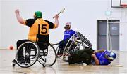 12 March 2022; Action during the GAA National Wheelchair Hurling/Camogie Interprovincial leagues match between Munster and Ulster at Omagh Leisure Centre in Omagh, Tyrone. Photo by Ben McShane/Sportsfile