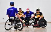 12 March 2022; Action during the GAA National Wheelchair Hurling/Camogie Interprovincial leagues match between Munster and Ulster at Omagh Leisure Centre in Omagh, Tyrone. Photo by Ben McShane/Sportsfile